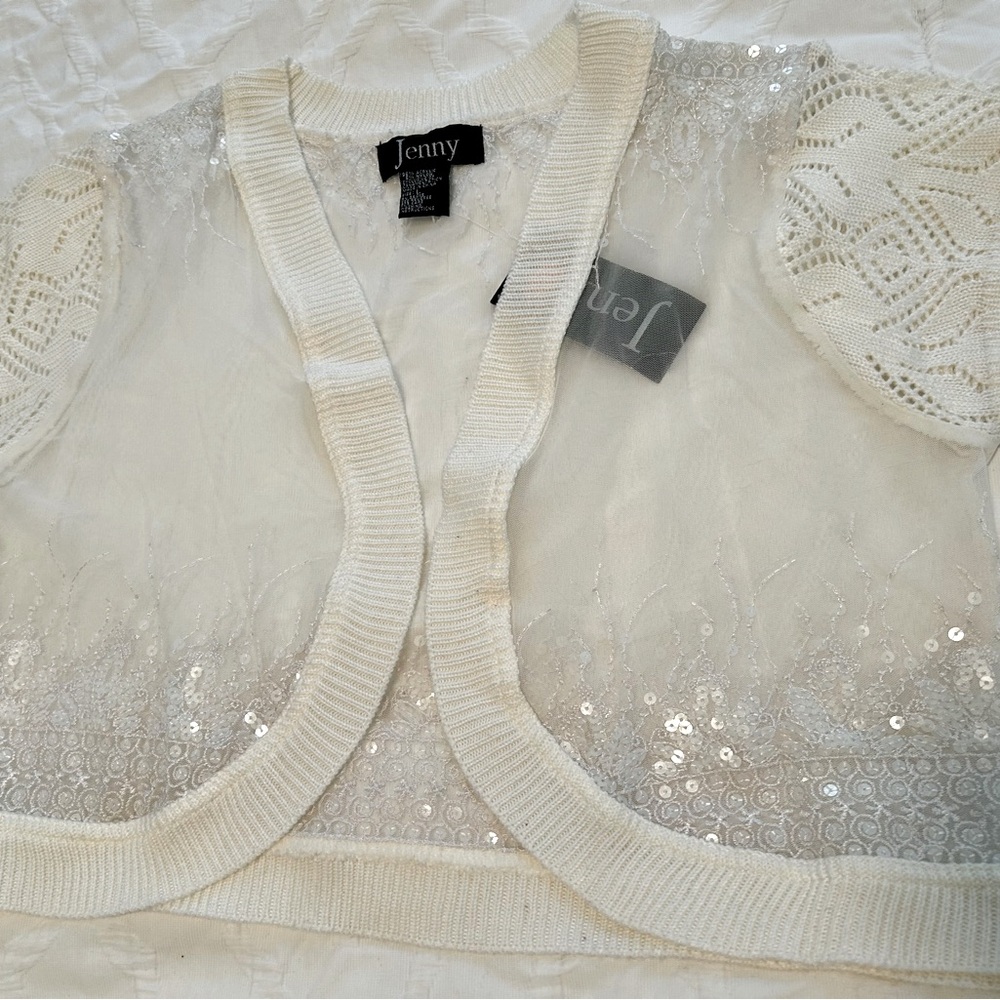 JENNY white cute little lace sequence sweater size L New